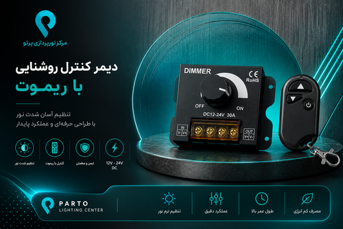 دیمر کنترل روشنایی ریموتدار 12 تا 24 ولت DC | 30 آمپر مدل PDC-30R
